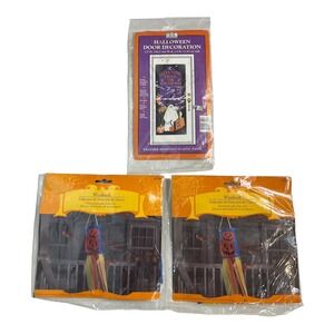 Vintage Jeanmarie Halloween Door Decoration 6' x2.5' Witch + 2 Wind Socks 1995
